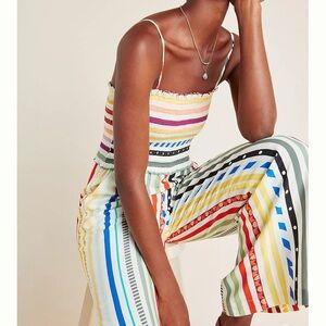 FARM Rio Ellie Striped Jumpsuit Large Anthropologie Pink Green Cream Off White